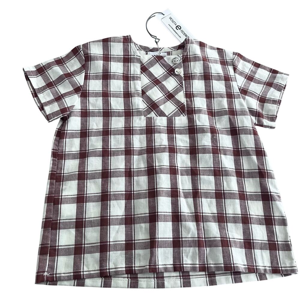 Violeta E Federico Boys Brown Plaid Linen Blend Shirt Size 3 NWT European